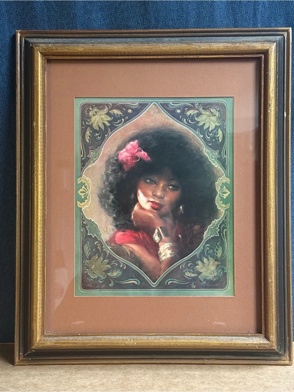 Vintage 1975 Black Is Beautiful Afro Woman Portrait Framed Art Print Art Nouveau